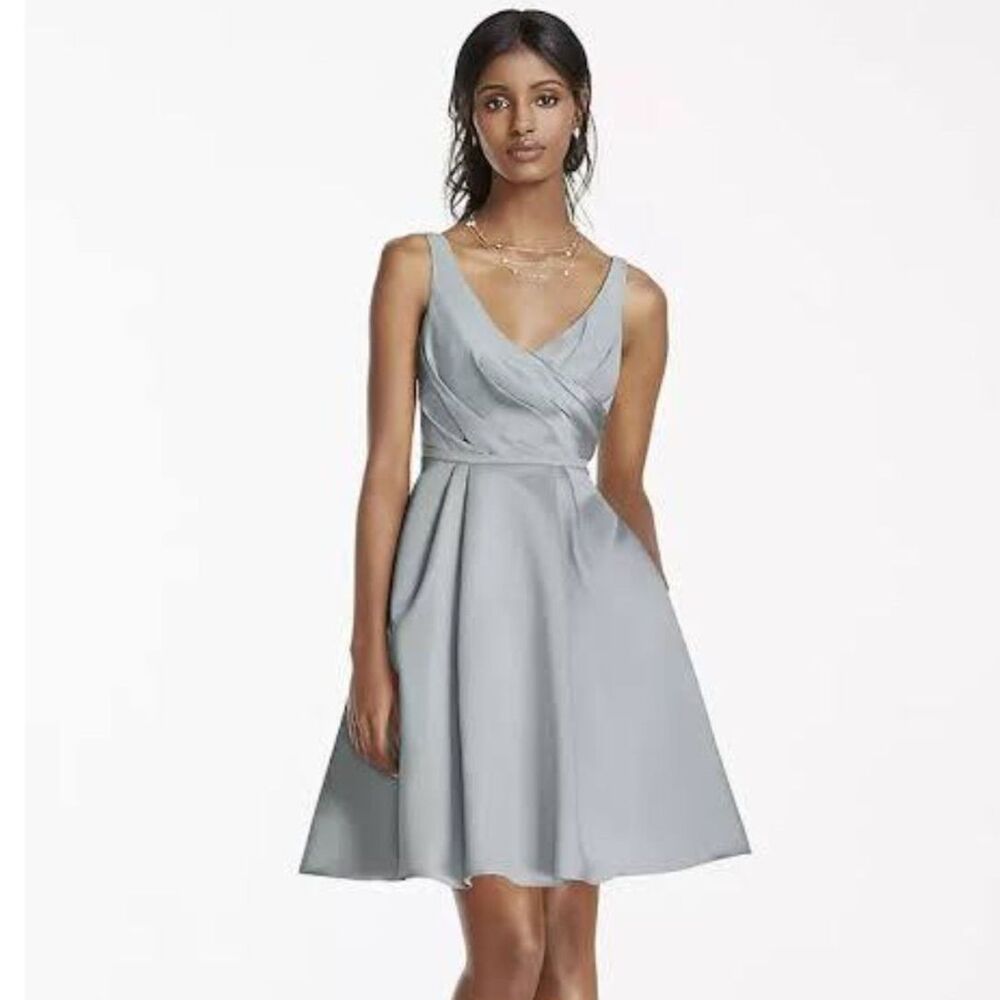 NWT David's Bridal Gray Satin Pleated Cocktail Dress Pockets 2 Mercury Formal